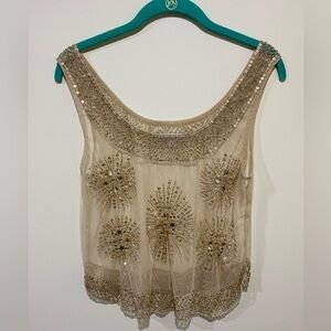 Gold Beaded Mesh Crop Tank with Rhinestones Size 12